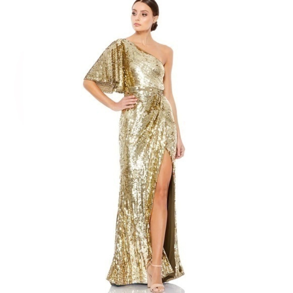 MAC DUGGAL Gold EMBELLISHED CAP SLEEVE COWL NECK TRUMPET GOWN